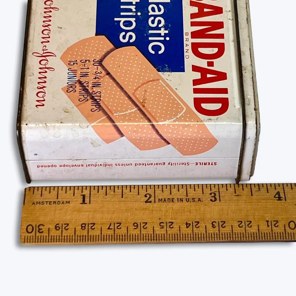 Vintage Band-Aid Tin Box Johnson & Johnson Plastic Strips 1960s Wal-Mart Sticker